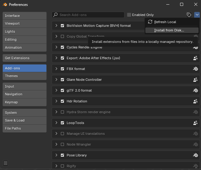 Add-ons installation window